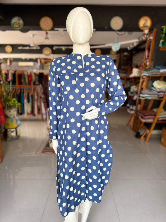 Indigo polka dots hand block printed cotton kurti with pocket and band collar