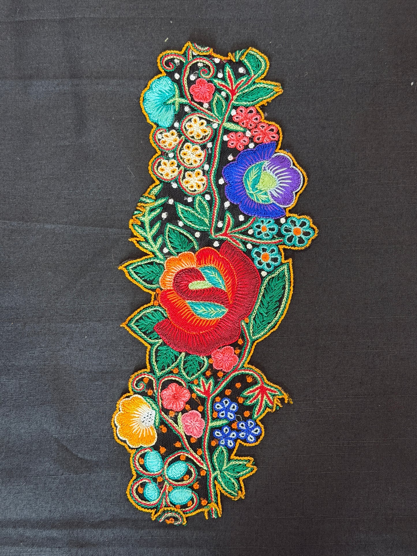 Colorful flowers and leaves embroidered patch border on black net base