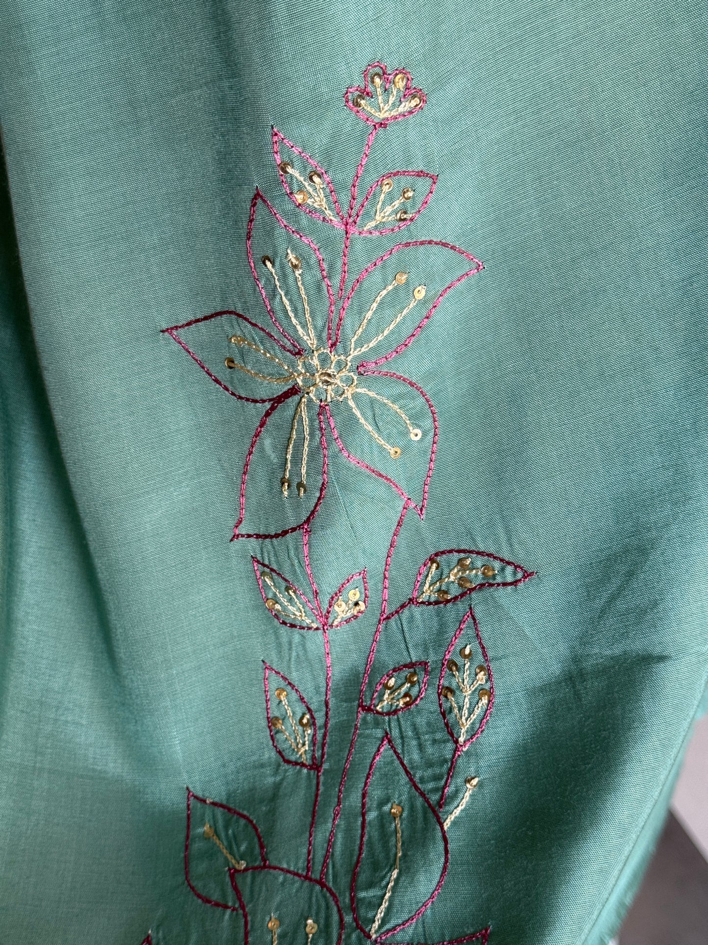 Sea green Co-ord set in hand embroidered muslin -  kurti, pants set