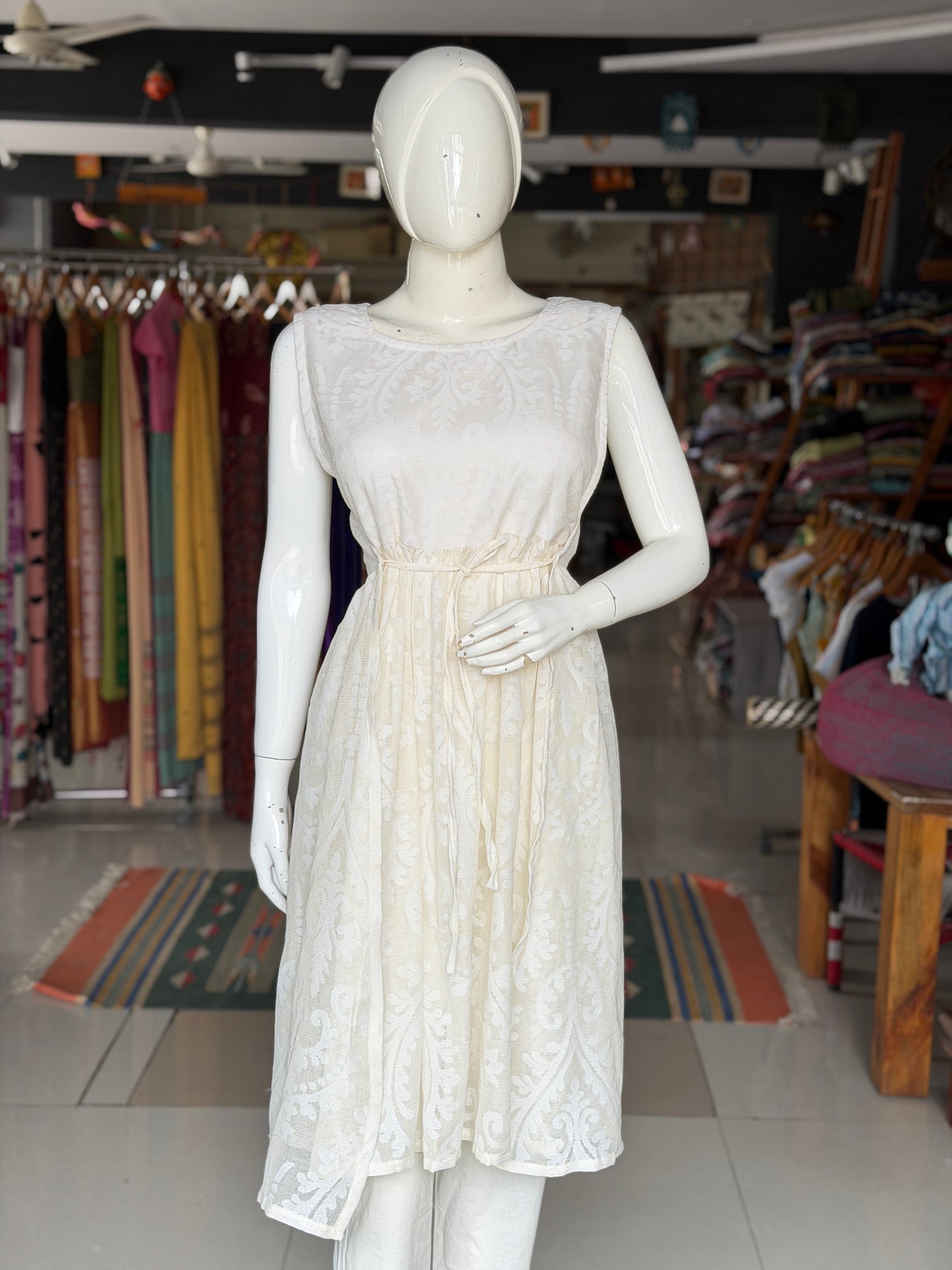 Off white banaras cotton cut work side ties dress / Kurti