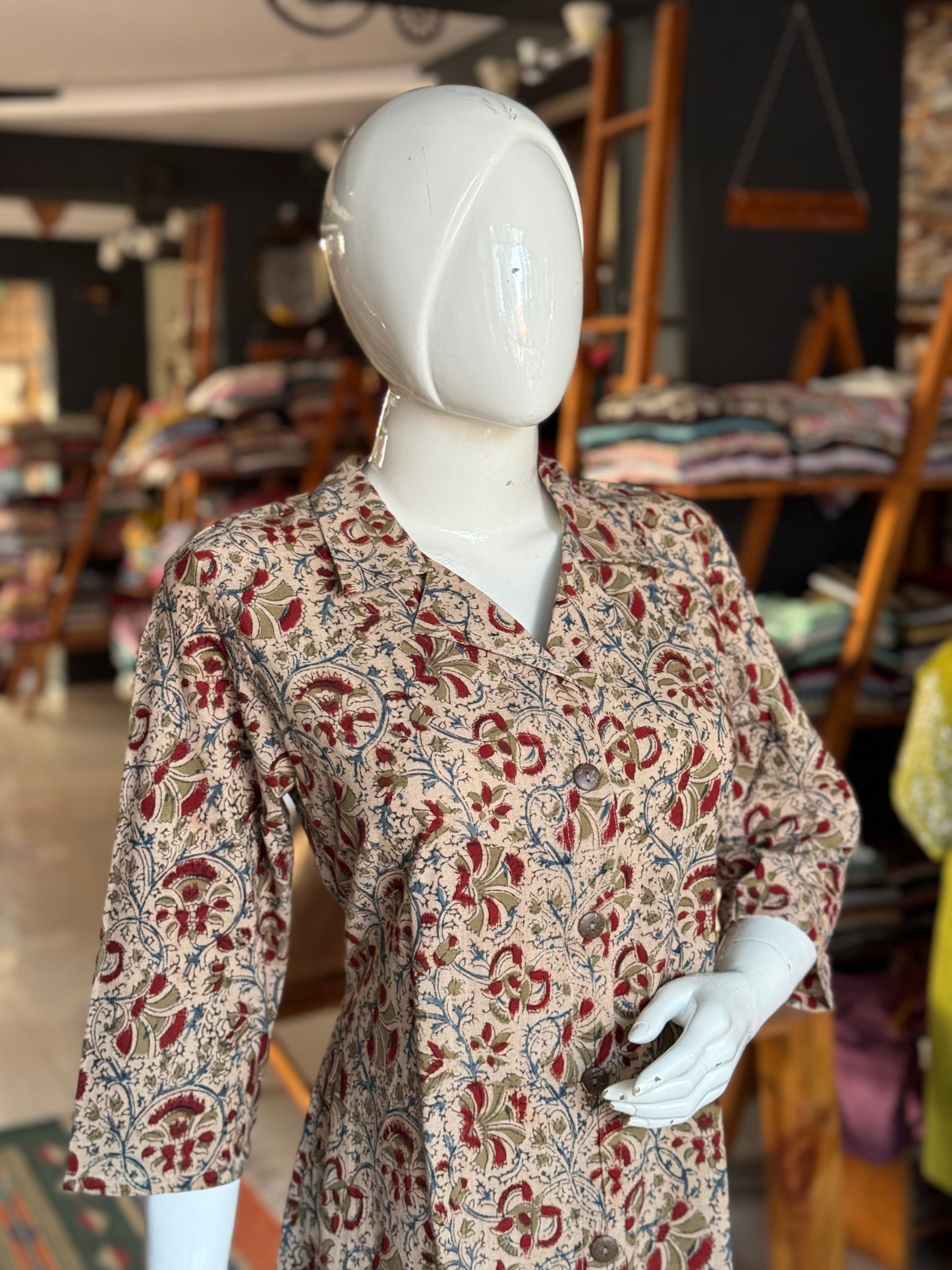 Kalamkari hand block printed collared dress -  Freedom fabric kurti - Hand spun, hand woven, hand block printed cotton