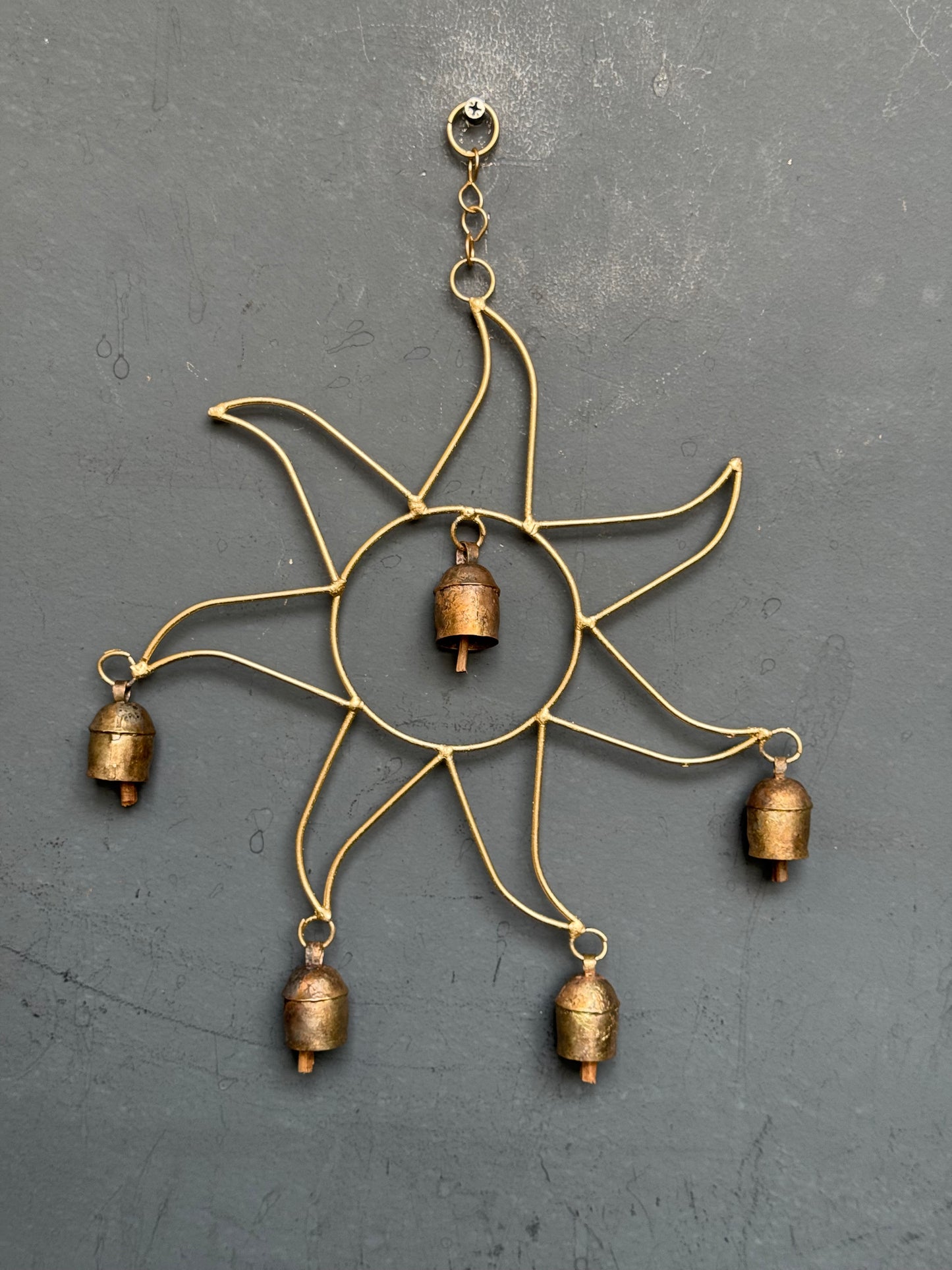 Radiant sun - copper handcrafted 5 bells hanging