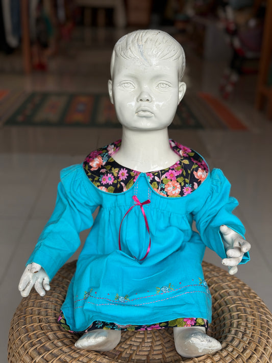 Blue corduroy long sleeves dress with floral contrast Peter Pan collar and hand embroidery