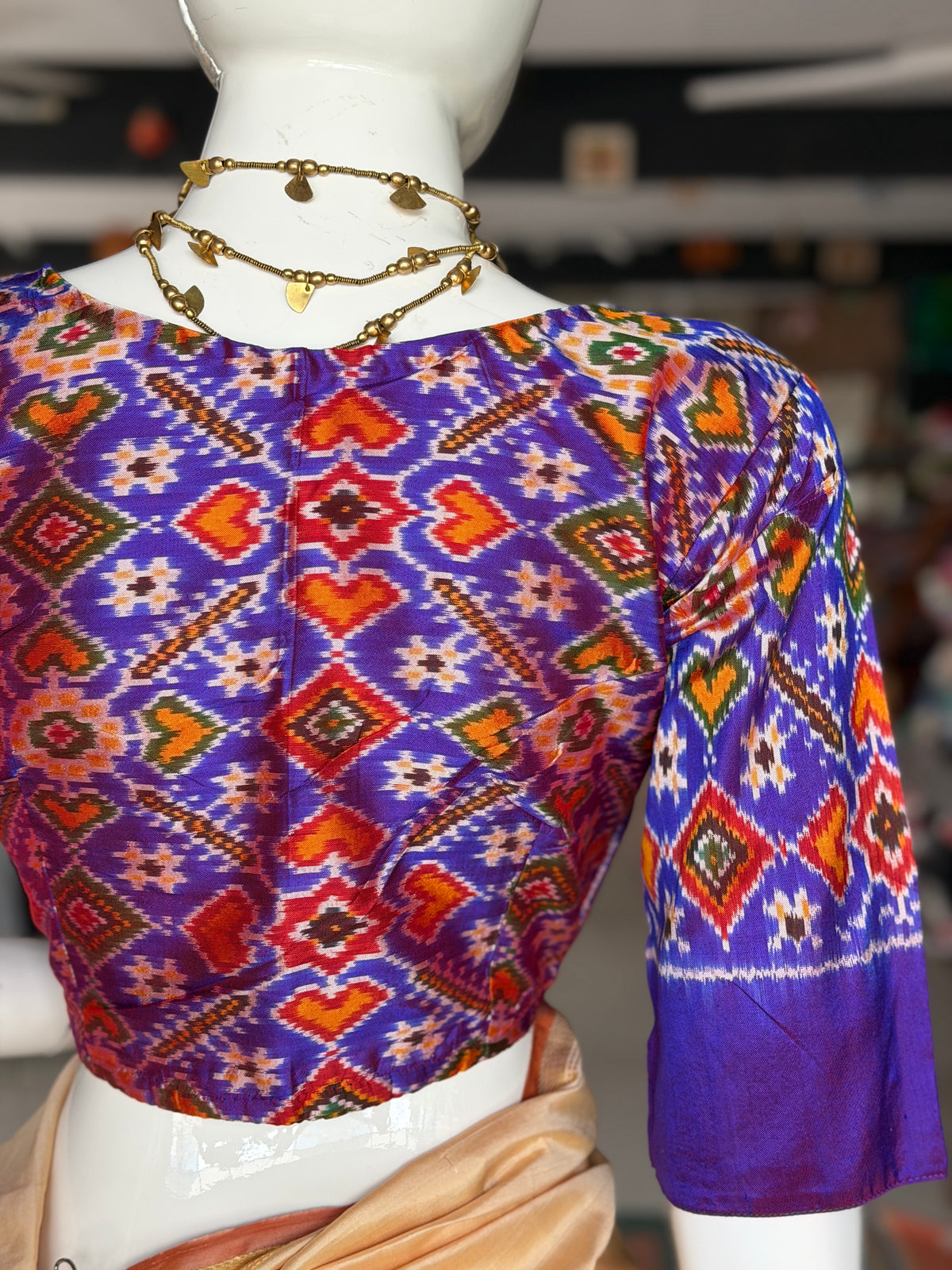 Violet silk Ikat handloom elbow sleeves princess cut front open blouse