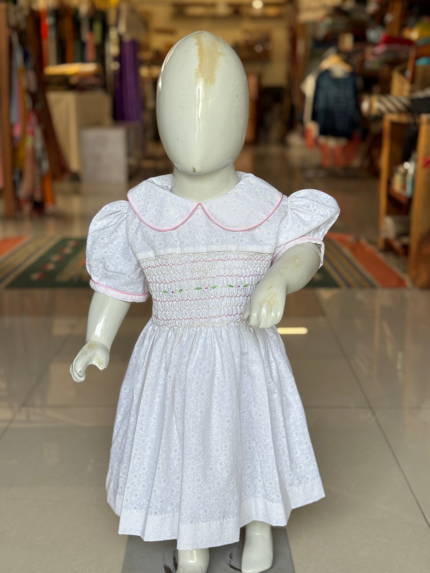 White on white printed hand embroidered smocking cotton frock for girls with collar