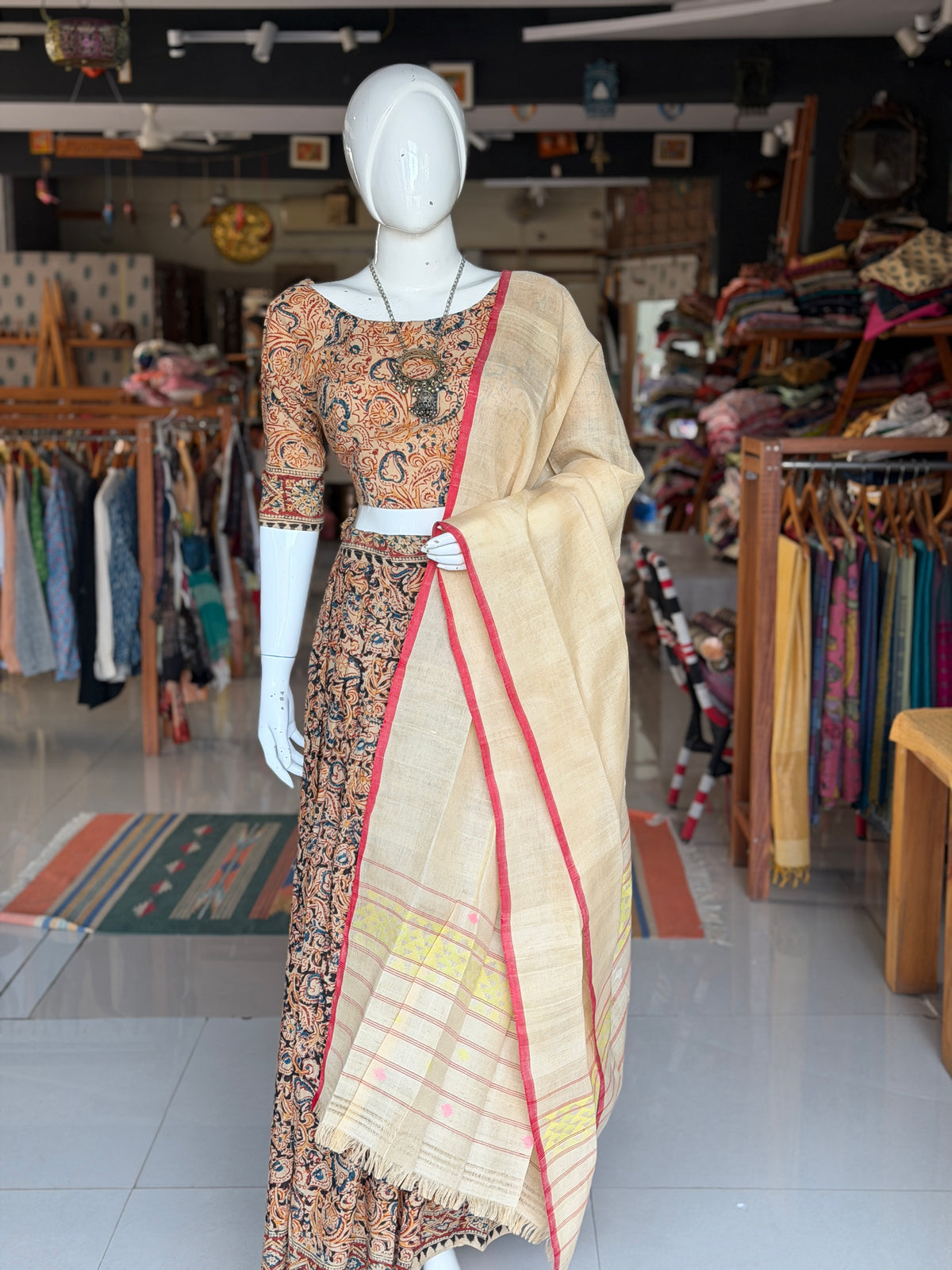 Langa voni - half saree - Kalamkari hand block printed cotton long skirt / lehenga / langa with cotton blouse - 2 piece set