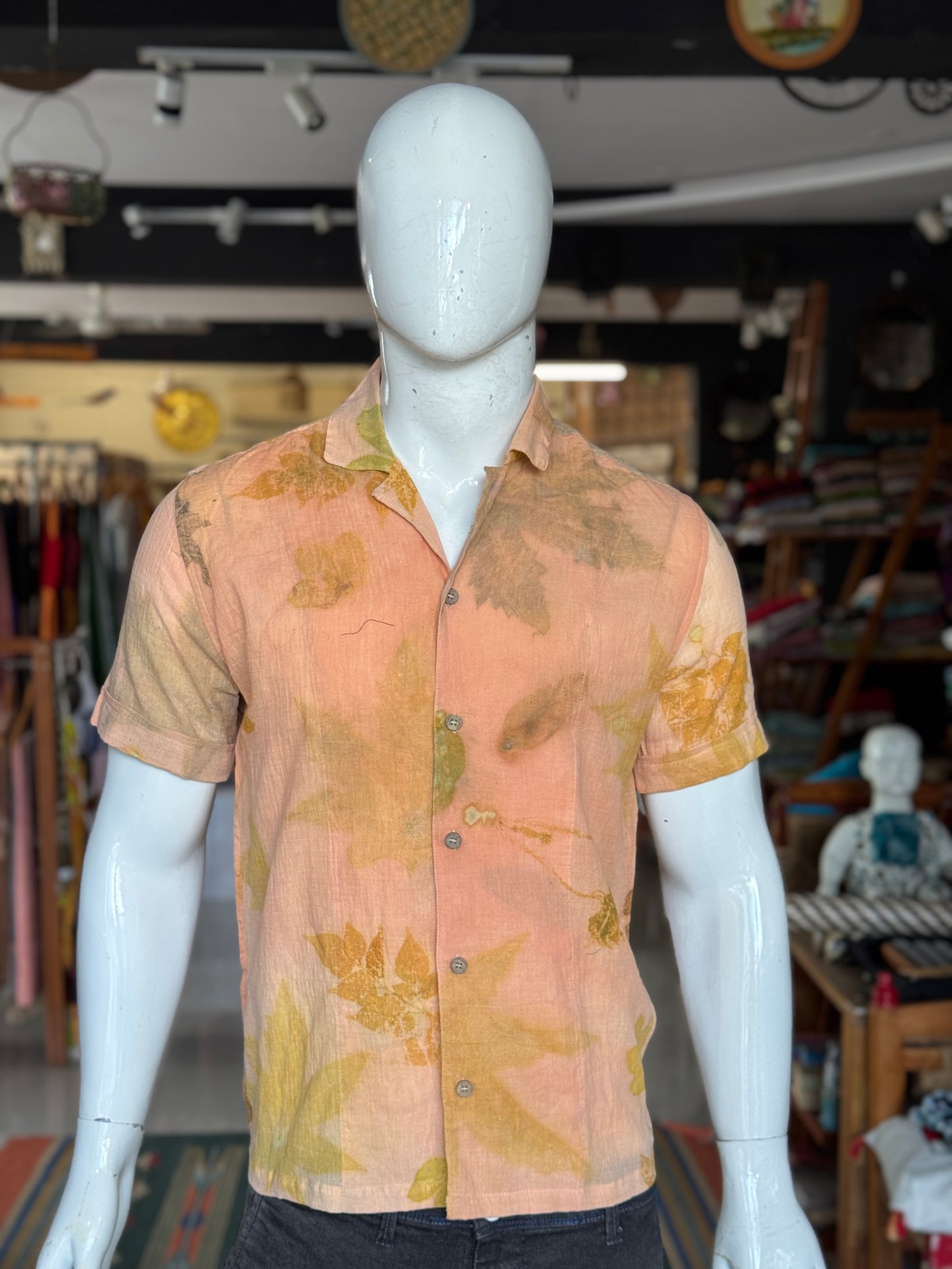 Peach leaf eco printed textured cotton half sleeves shirt for men