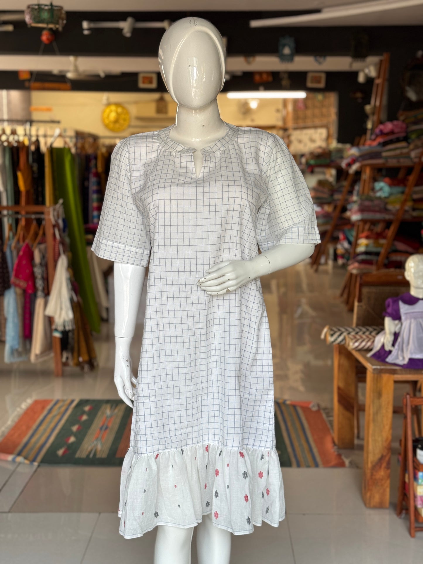 White n blue checks soft cotton handloom dress with jamdani ruffles hem