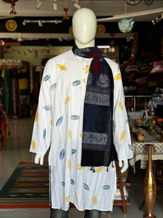 White handloom self stripes cotton long kurta with leaves hand block print