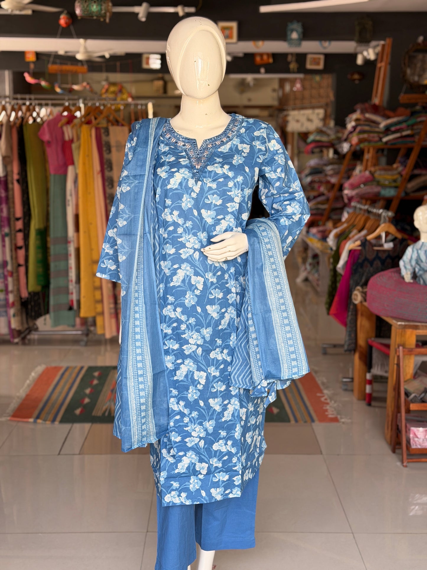 Blue floral plus size cotton embroidered straight kurti, pants and dupatta - 3 piece suit set - multiple sizes available