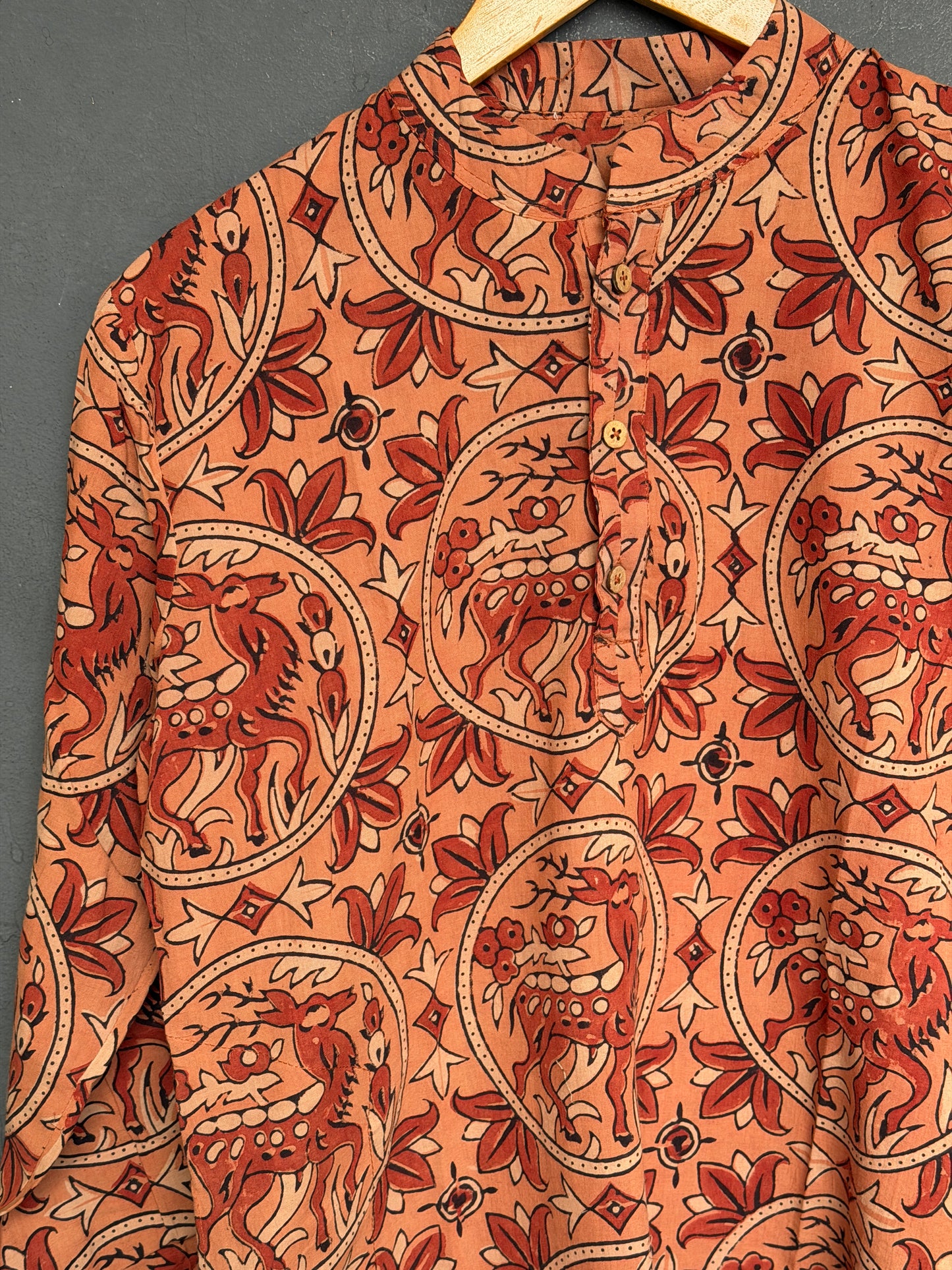 Rust tone deer design hand block printed long cotton kurta for boys