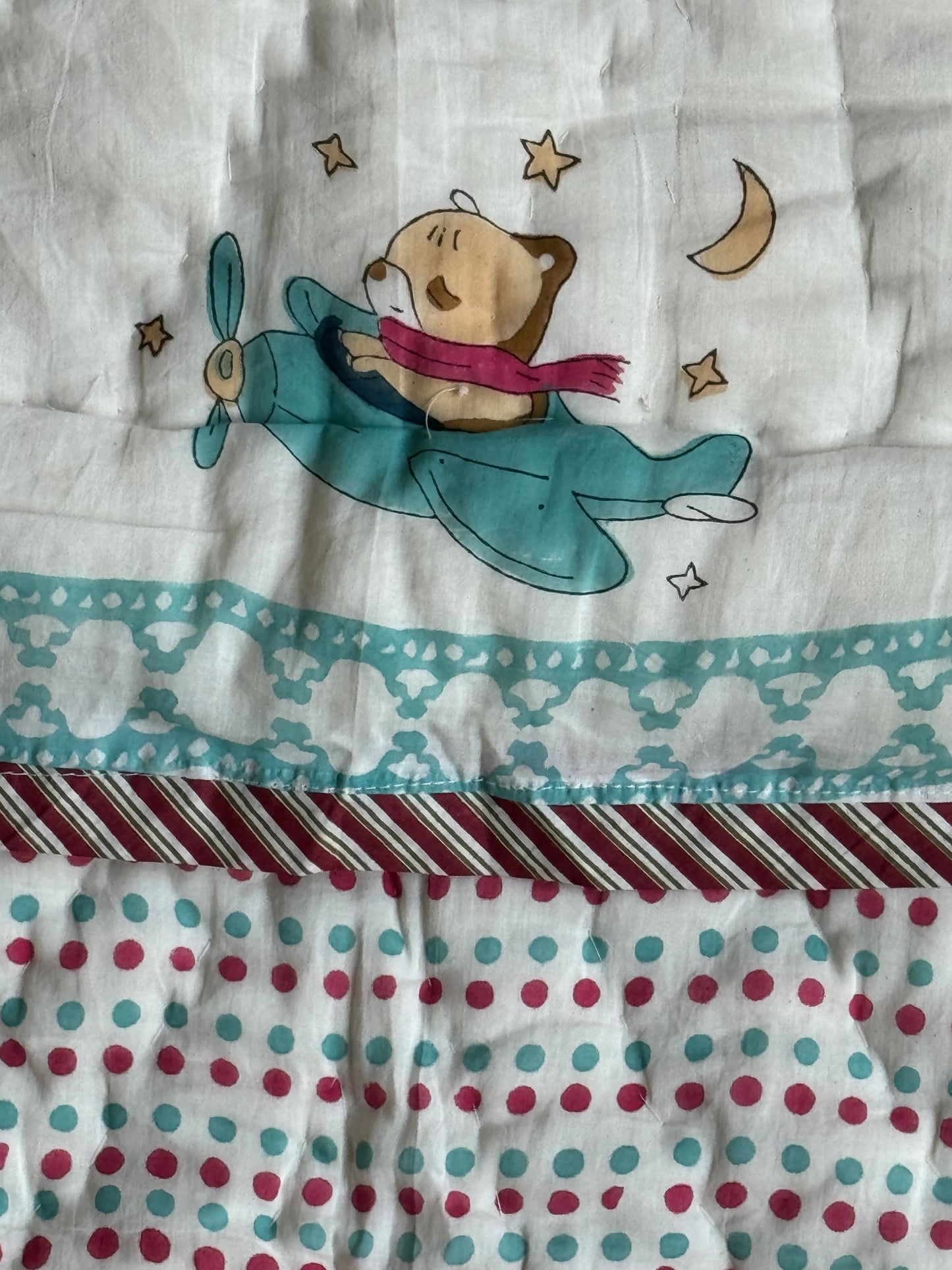 Bear on a plane cute hand block printed reversible cotton quilts / play mats for children