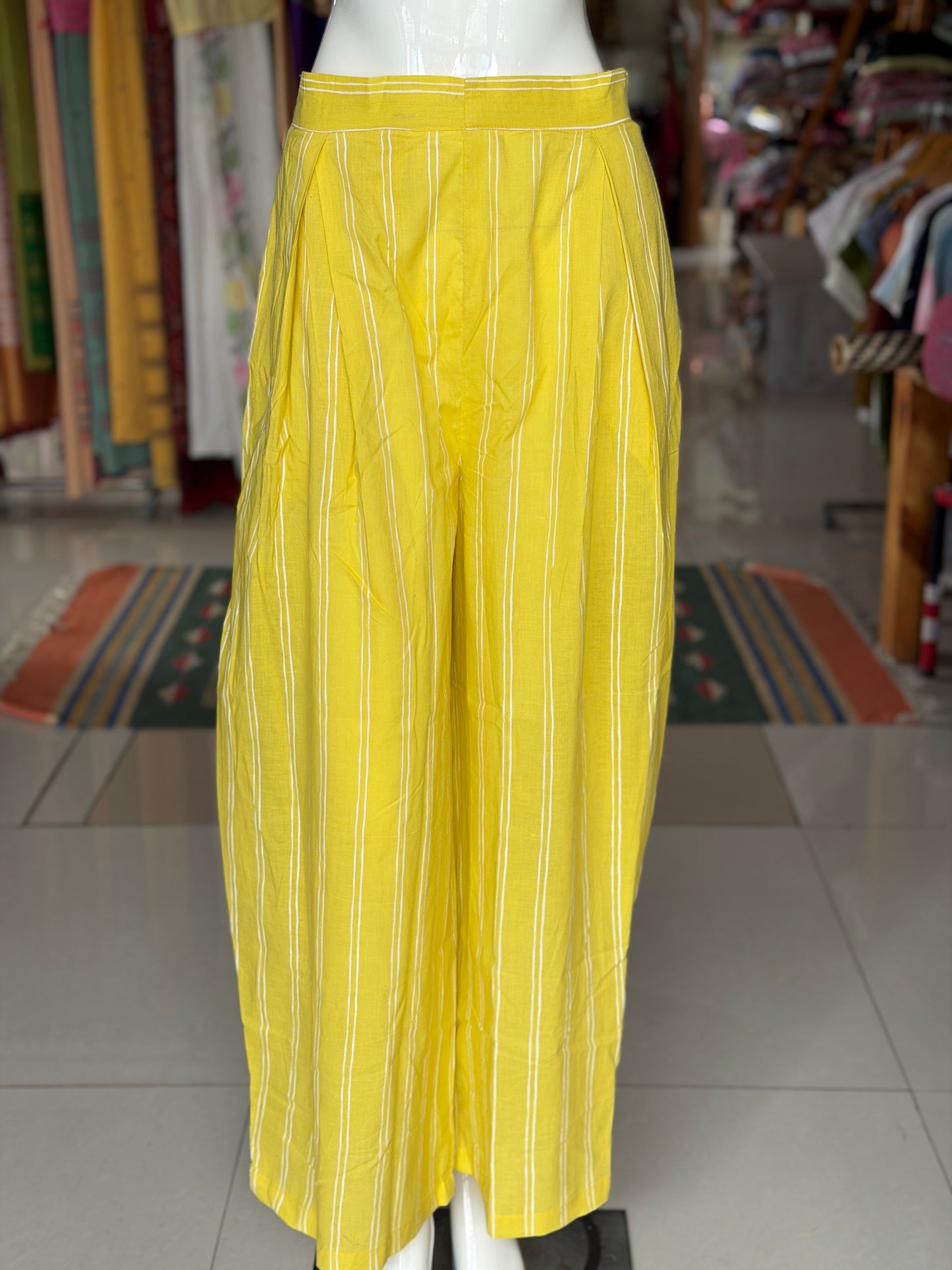 Yellow hearts print cotton kurti paired with a matching stripes print barrel pants - 2 piece set