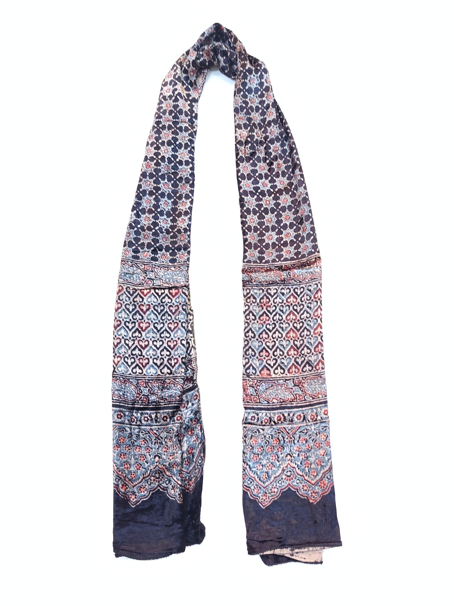 Black stars and hearts print velvet stole with hand block Ajrakh prints