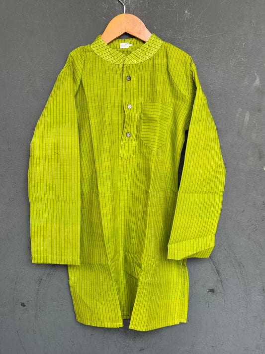 Green stripes handwoven cotton long kurta for boys