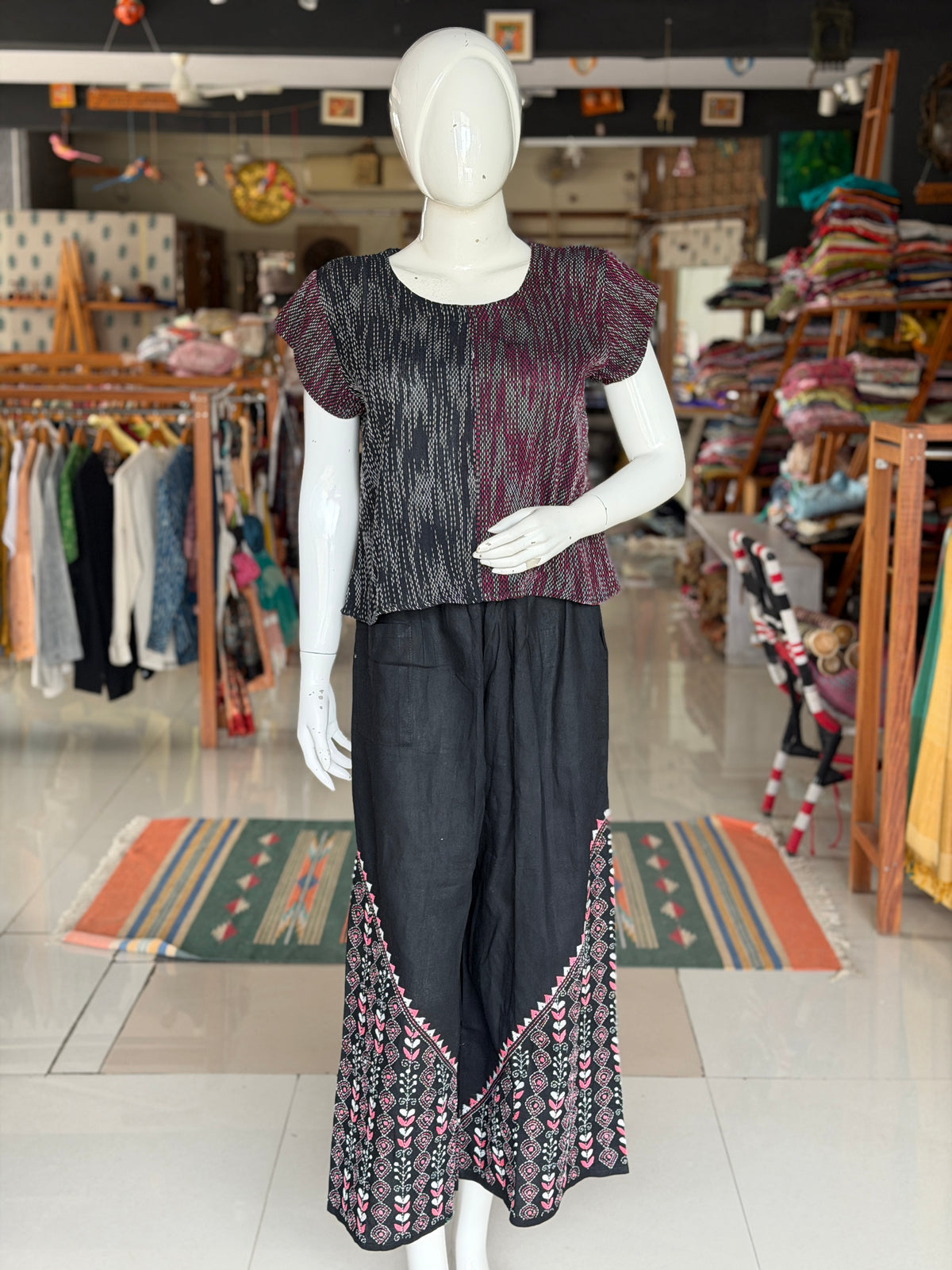 Maroon n black - hand spun, handwoven cotton top with woven thread kantha