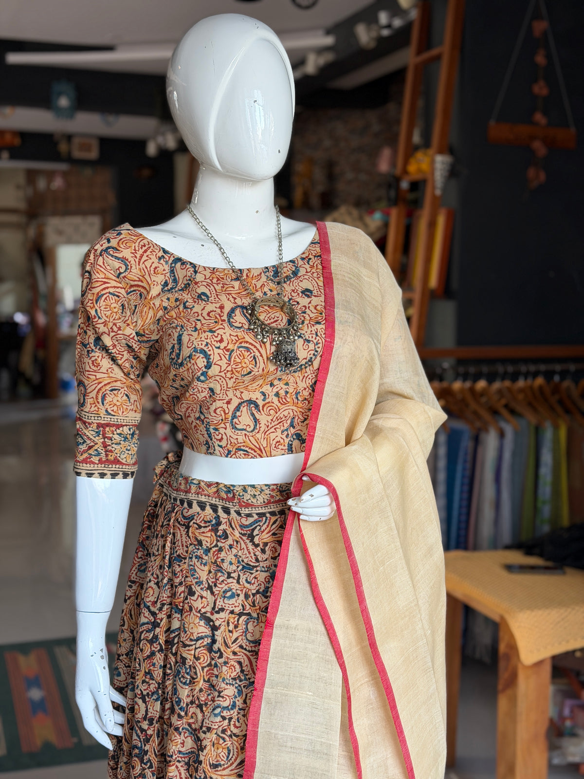 Langa voni - half saree - Kalamkari hand block printed cotton long skirt / lehenga / langa with cotton blouse - 2 piece set