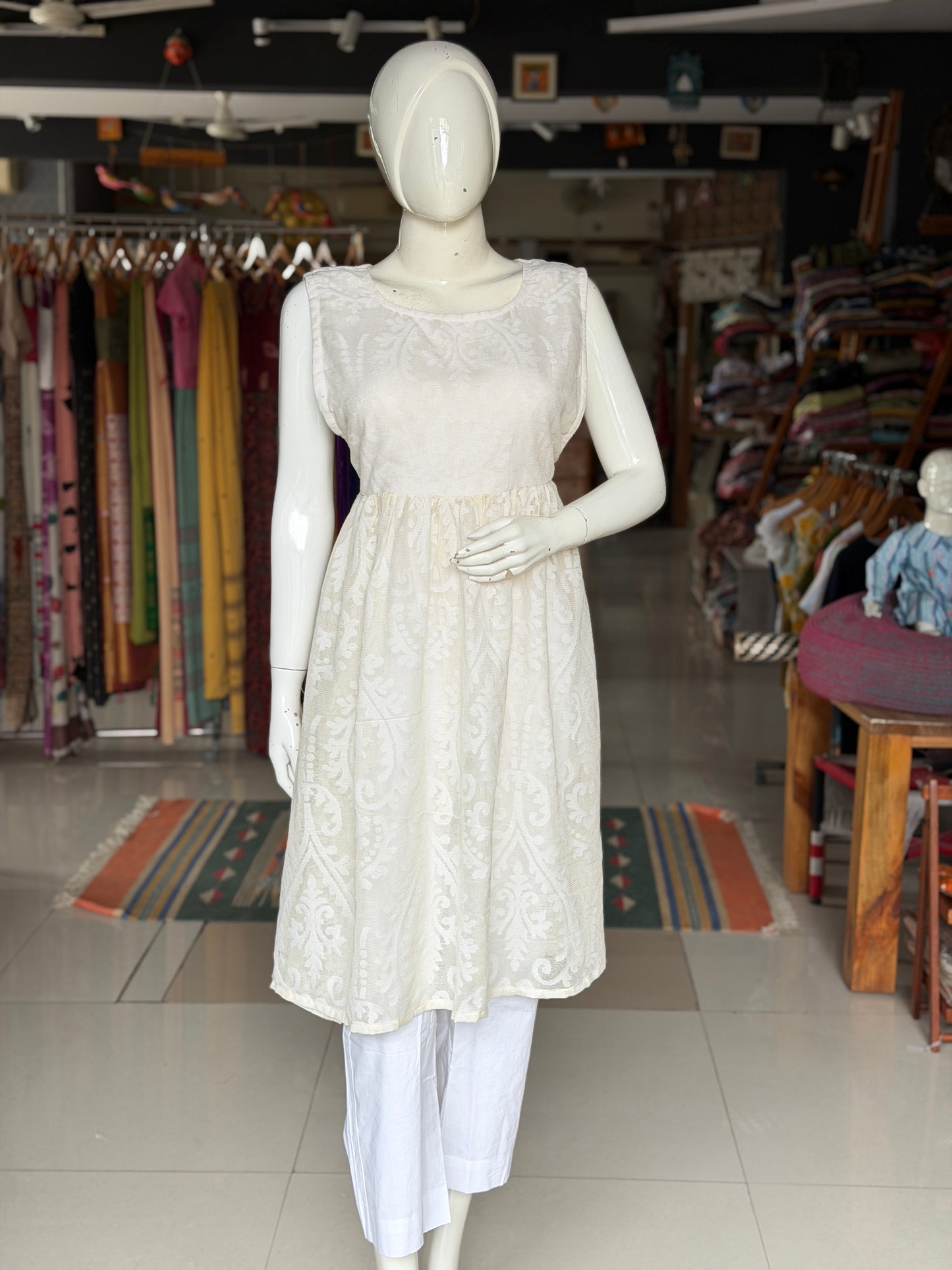 Off white banaras cotton cut work side ties dress / Kurti