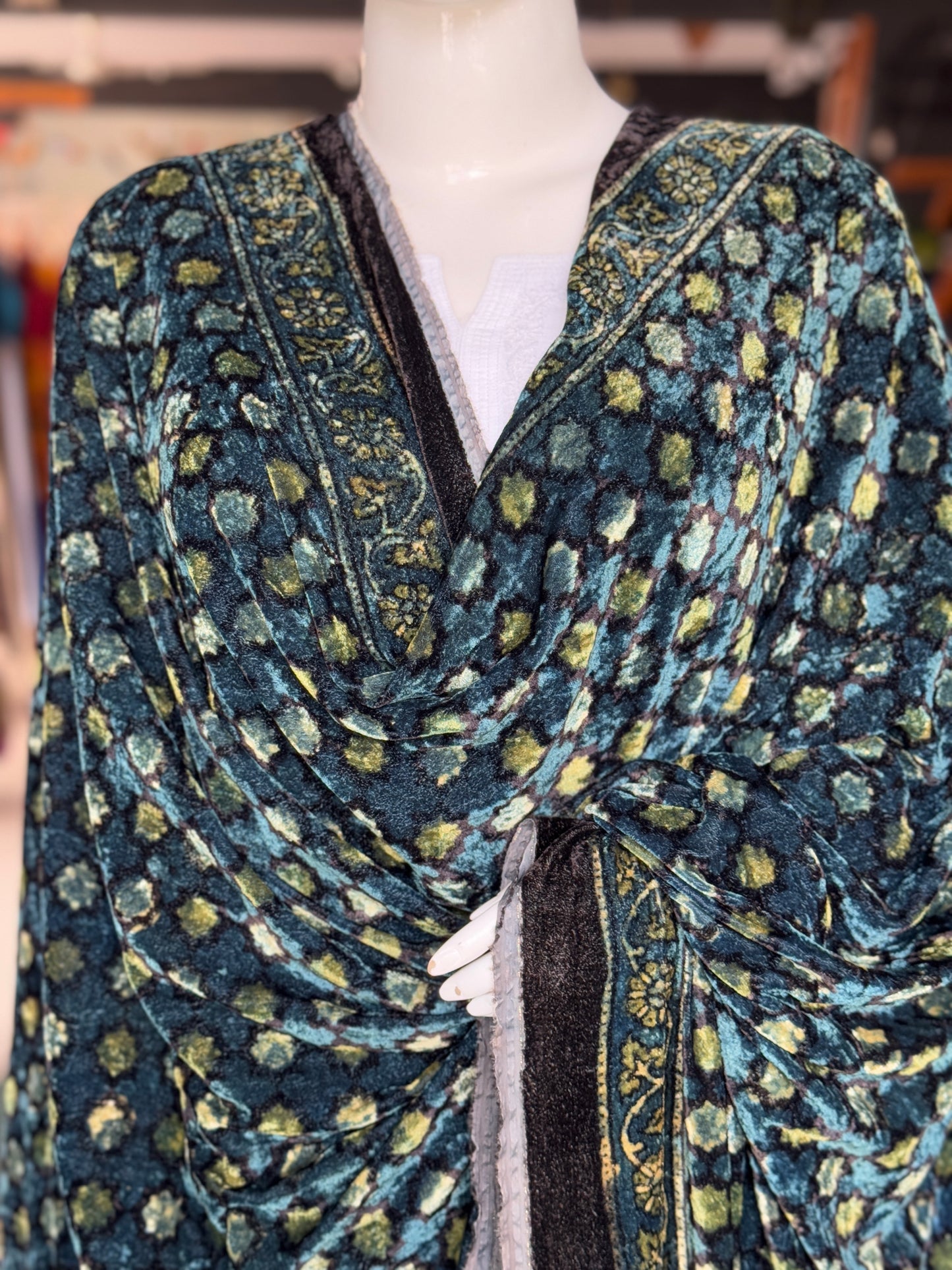 Indigo blue and green luxurious velvet dupatta with hand block Ajrakh prints