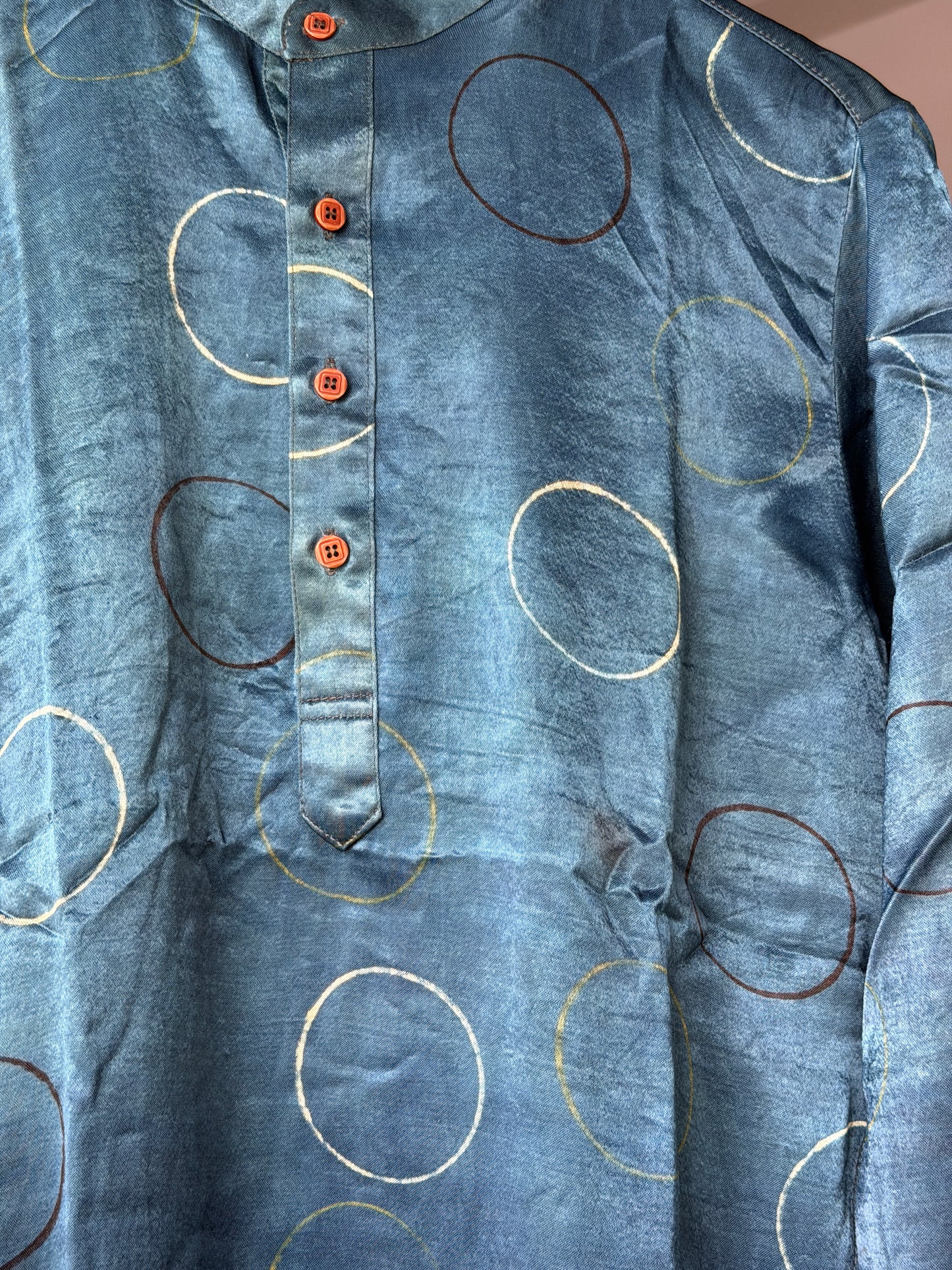 Indigo circles hand block printed Ajrakh mashru long kurta for men