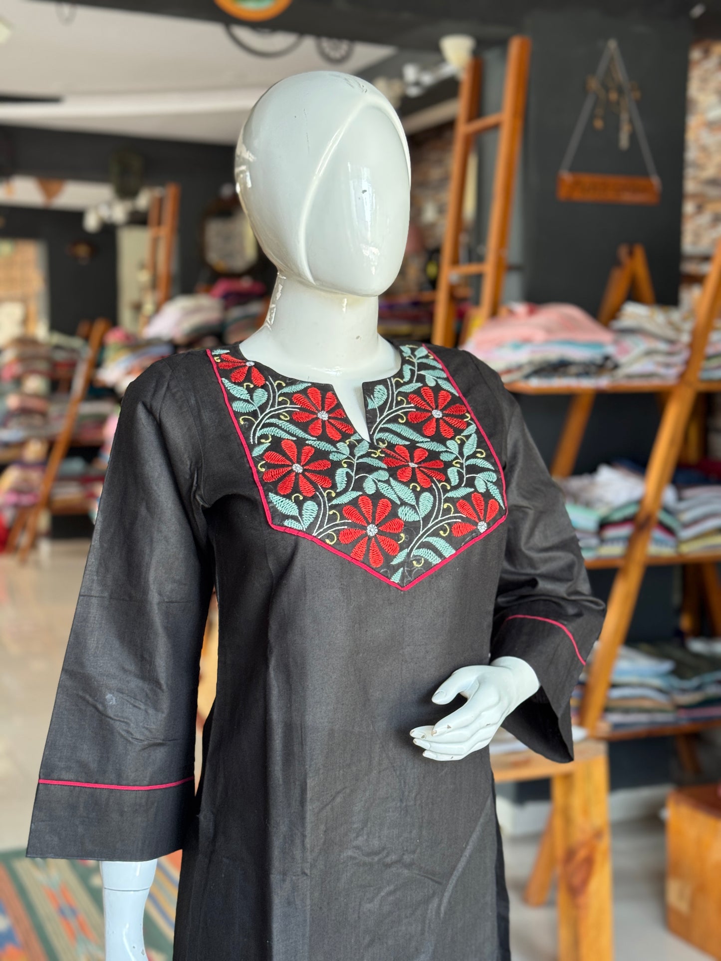 Black hand embroidered cotton kurta n pants - 2 piece coord set