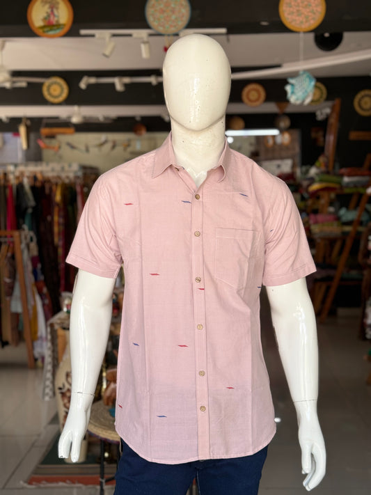 Light pink Assam Majuli handloom cotton mens shirt - half sleeves