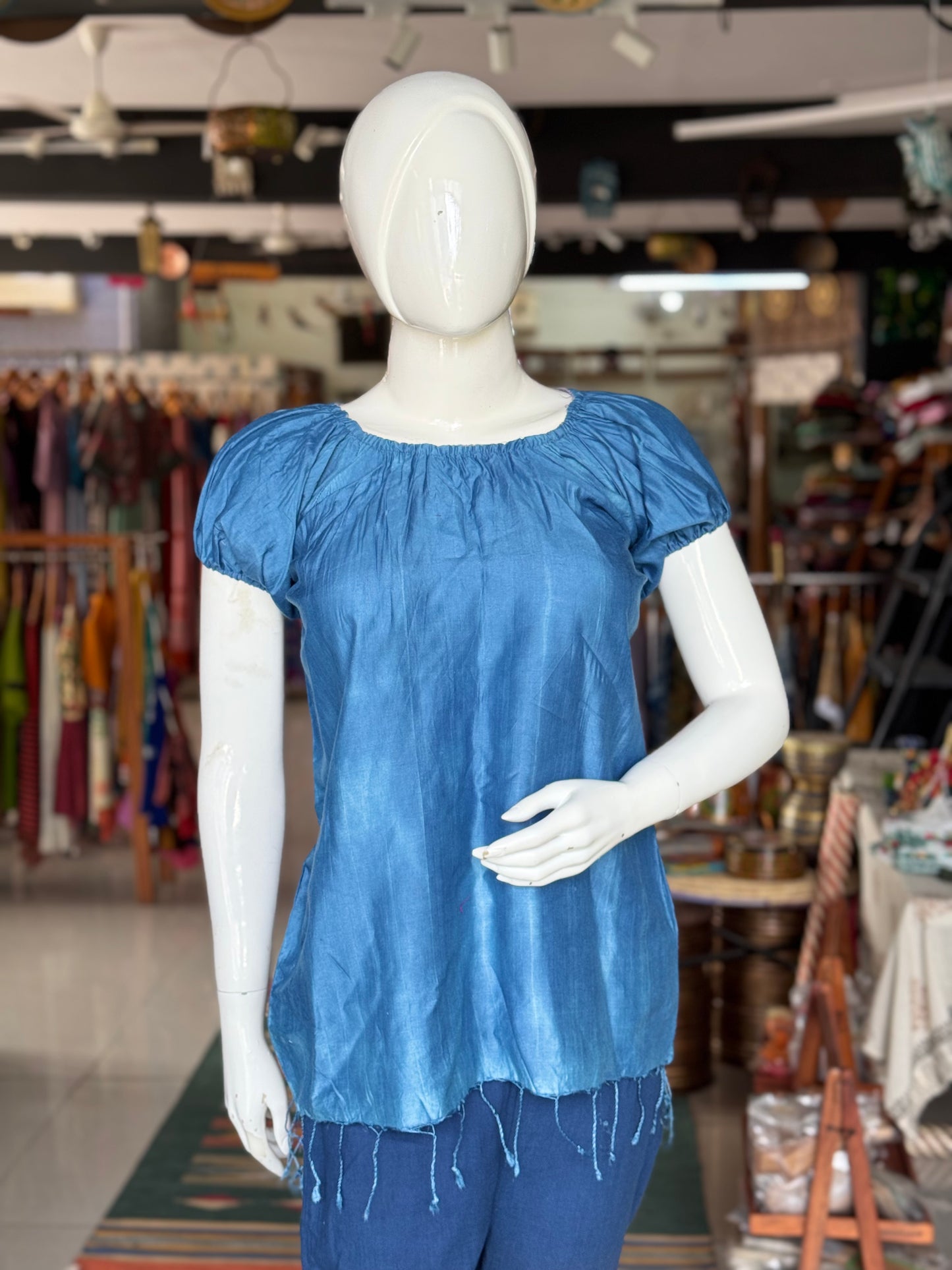 Indigo natural dyed elastic neckline silk top for women