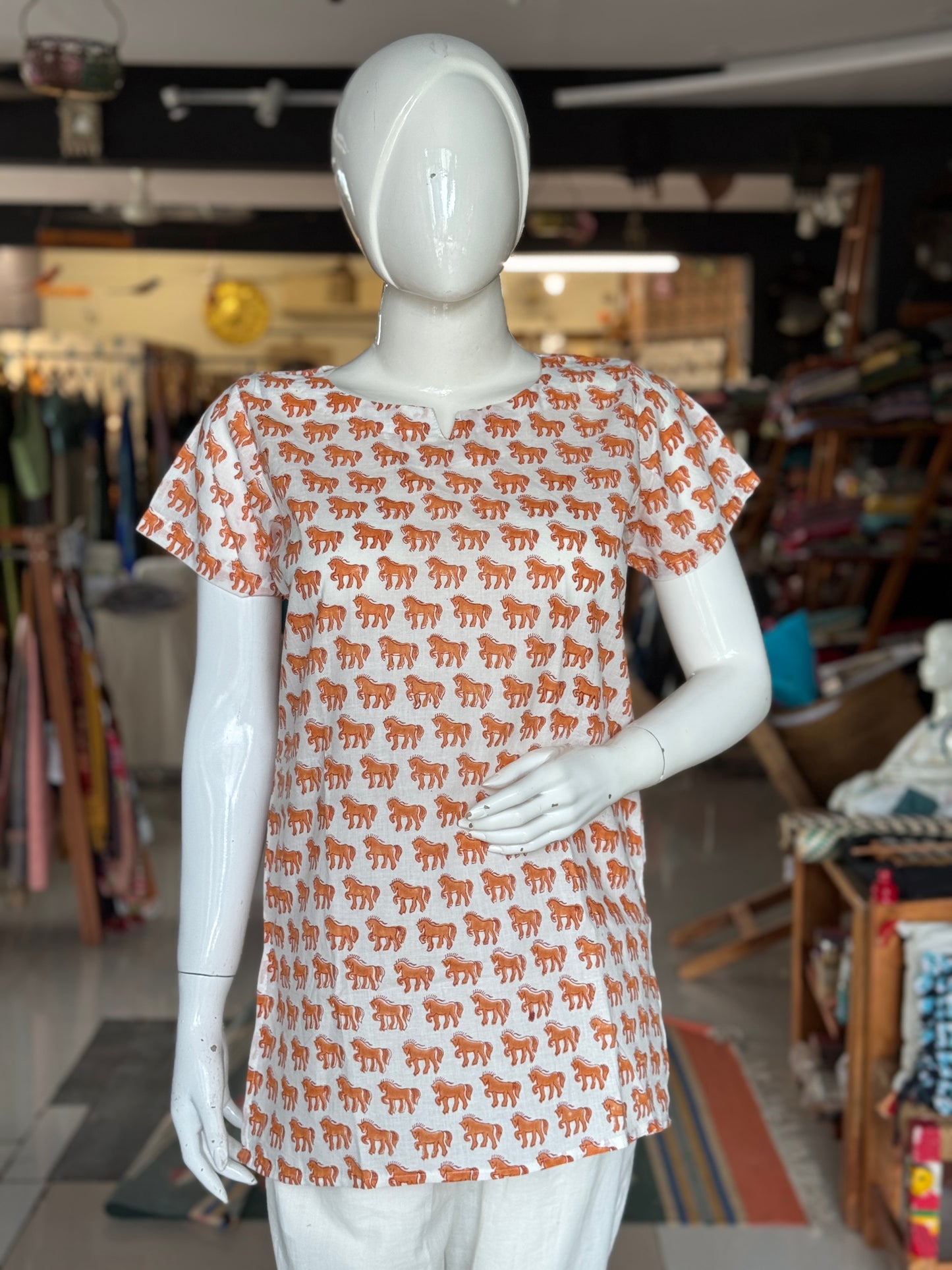 Horses print hand block printed white cotton short kurti
