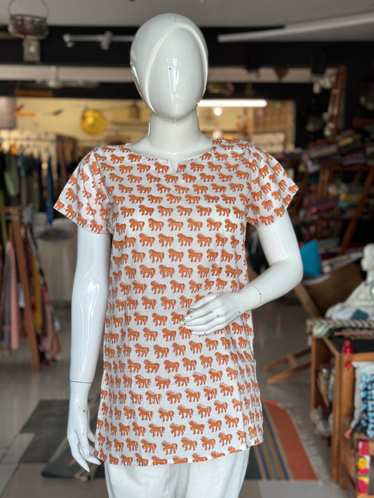 Horses print hand block printed white cotton short kurti