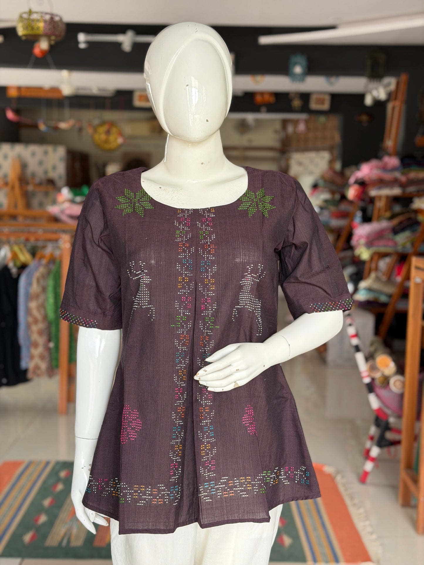 Brown Tangaliya handloom cotton top with deers n flowers motifs