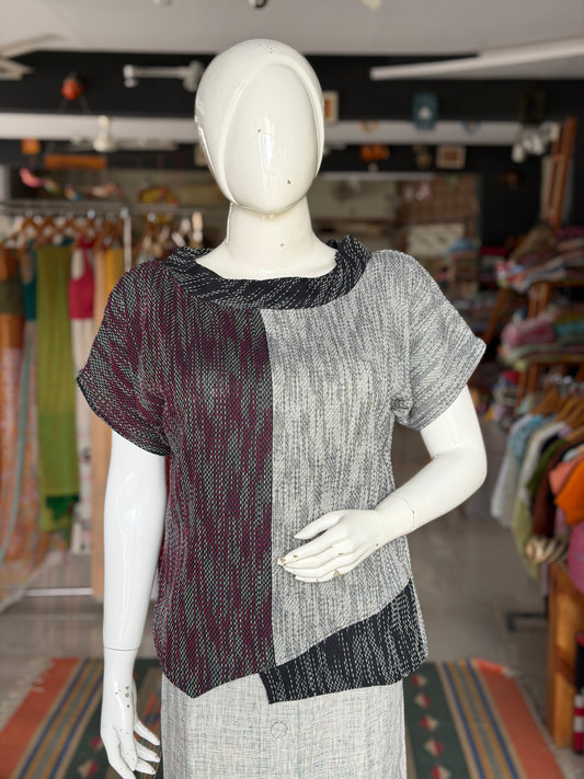 Grey, maroon n black - hand spun, handwoven cotton top with woven thread kantha