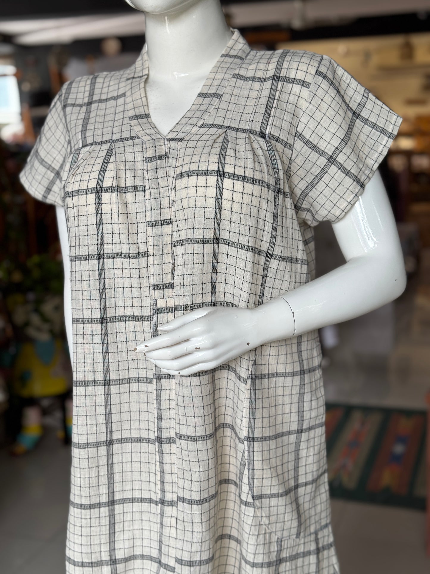 Short dress - Off white checks kala cotton, handwoven