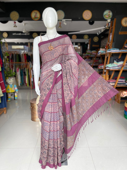 Purple hand block printed natural dyed handloom cotton kalamkari saree