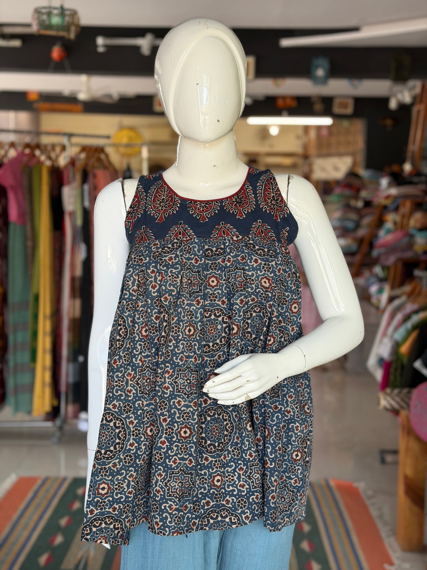 Ajrakh sleeveless hand block printed cotton short top with relaxed fit