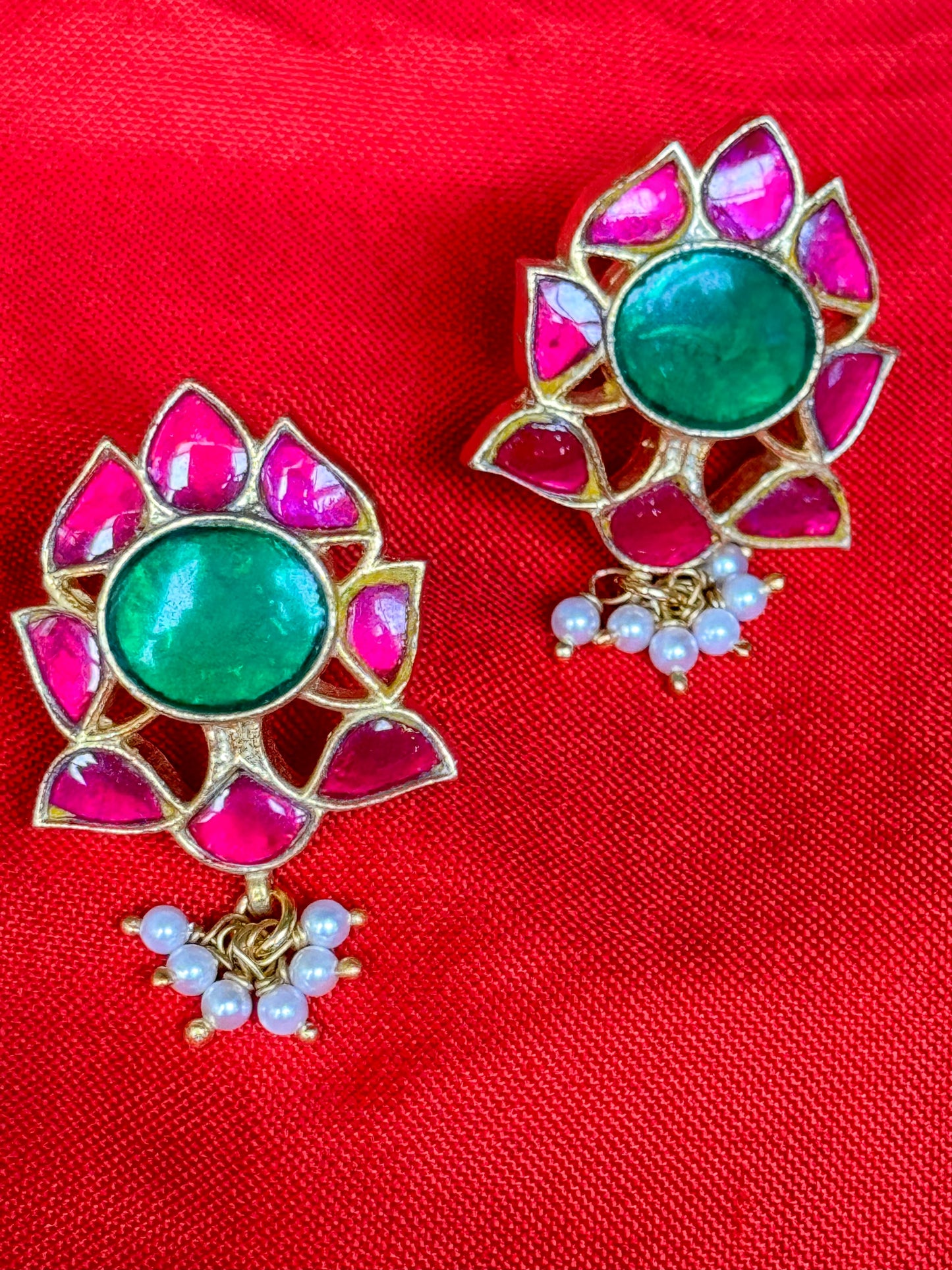 Green center pink petal studs with pearl drops in 92.5 sterling silver