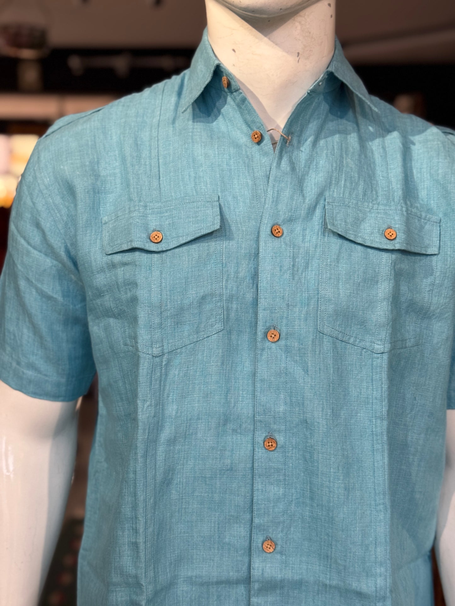 Blue handwoven linen collared shirt for men with wooden buttons