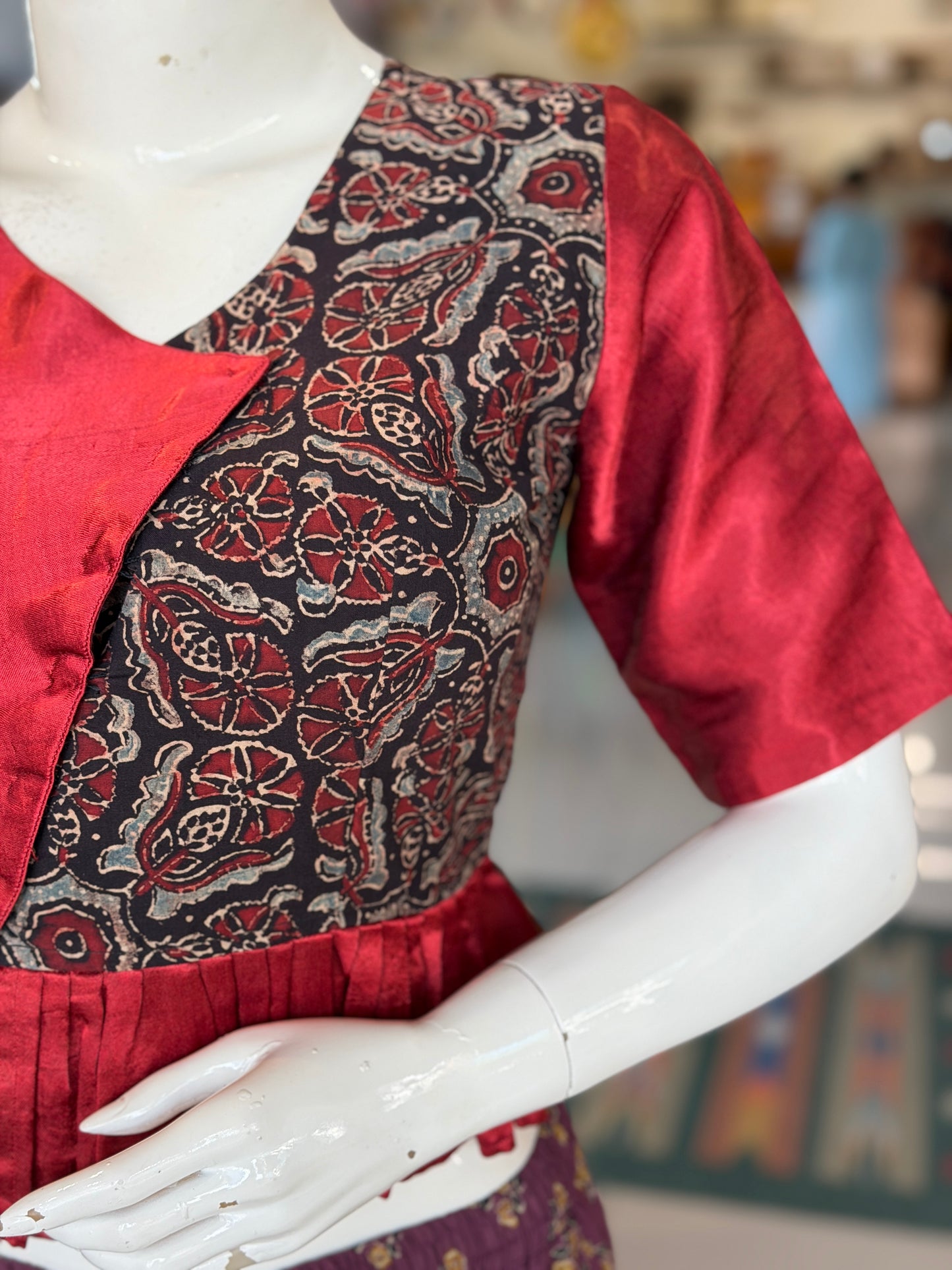 Black Ajrakh handblock printed elbow sleeved blouse with maroon mashru - peplum style crop top / blouse