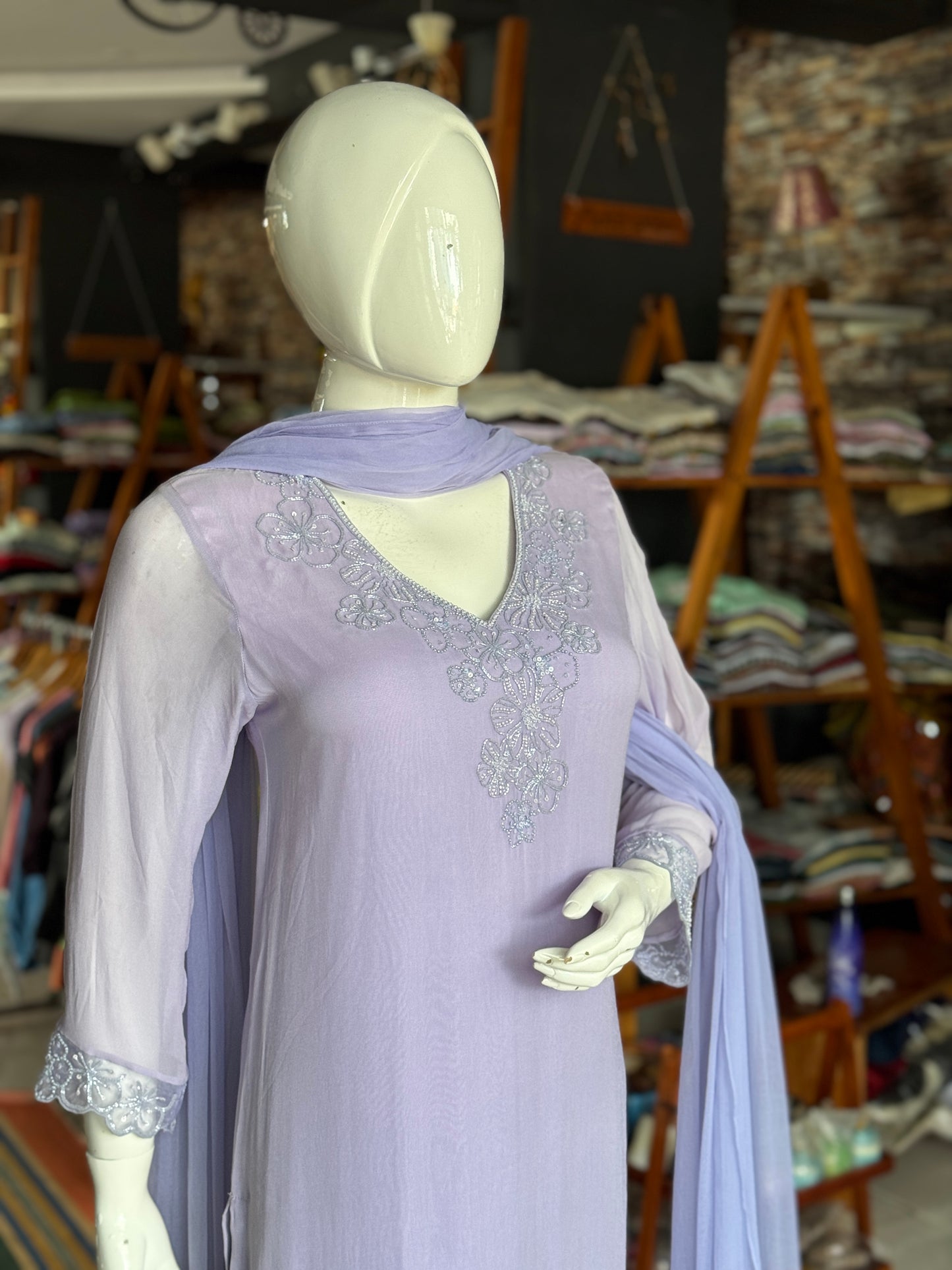 Soft georgette hand embroidered long sleeves kurti, georgette plazo and dupatta - 3 piece set - color options available