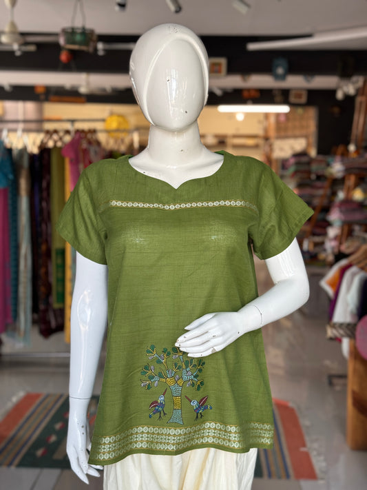 Green birds and tree hand painted, handwoven cotton top