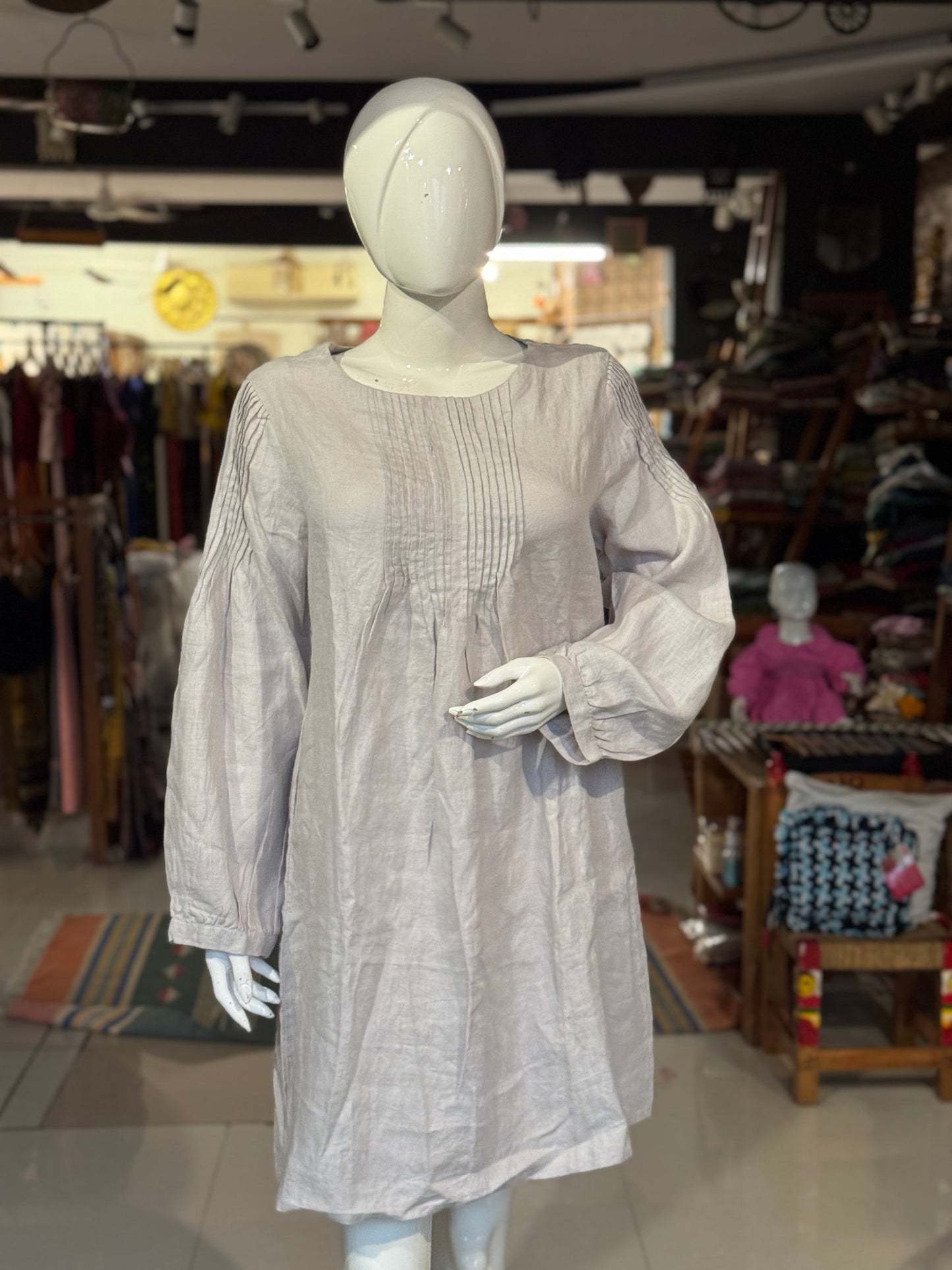 Light grey pin-tucks linen hand woven dress with long sleeves