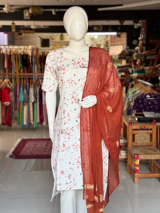 Offwhite handwoven cotton straight cuts kurti with mustard brown and peach flowers print