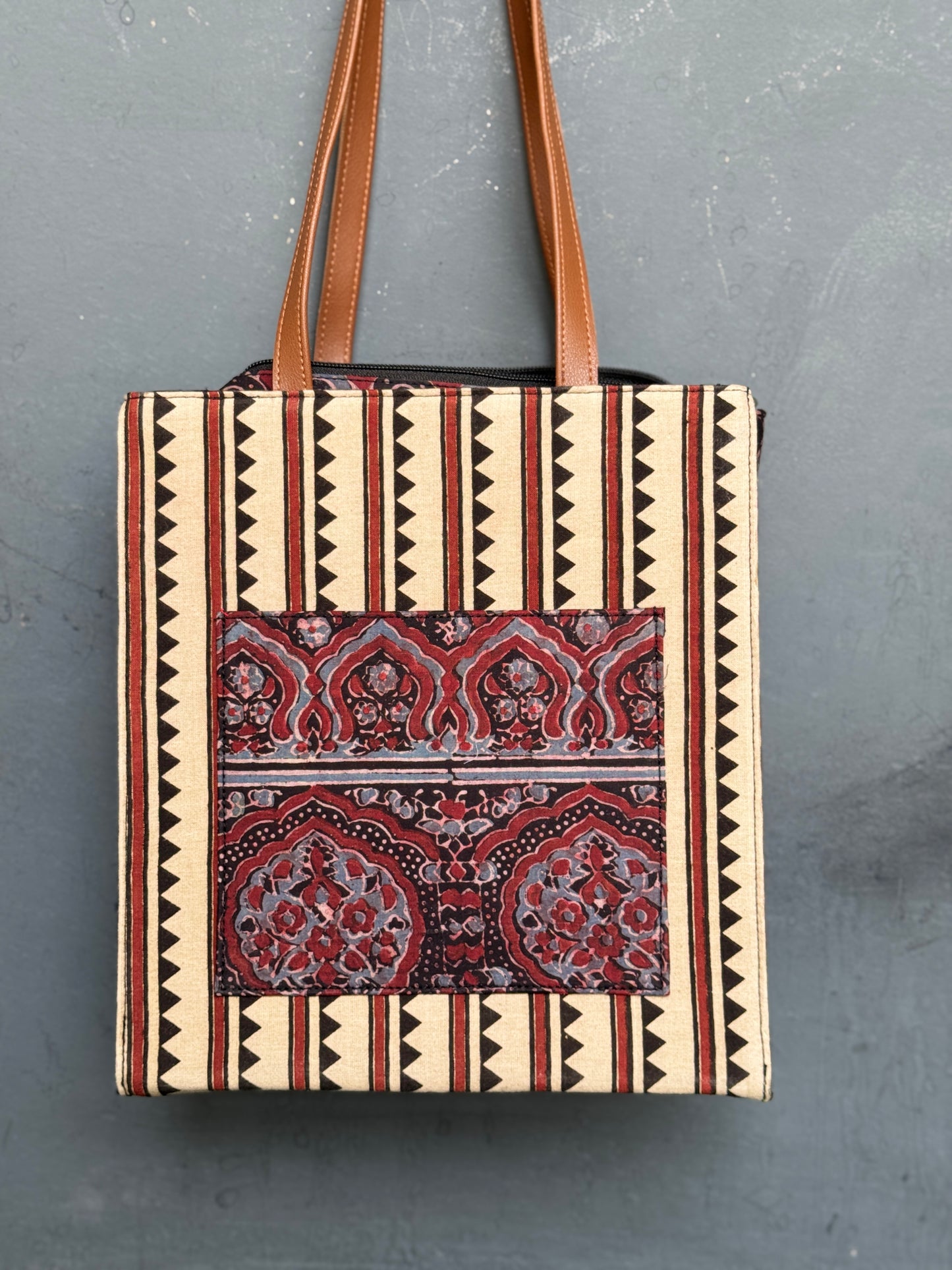 Wide base hand block printed, fabric tote bag with front patch pocket