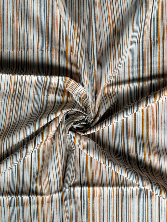 Grey and orange thin stripes hand block printed soft cotton fabric