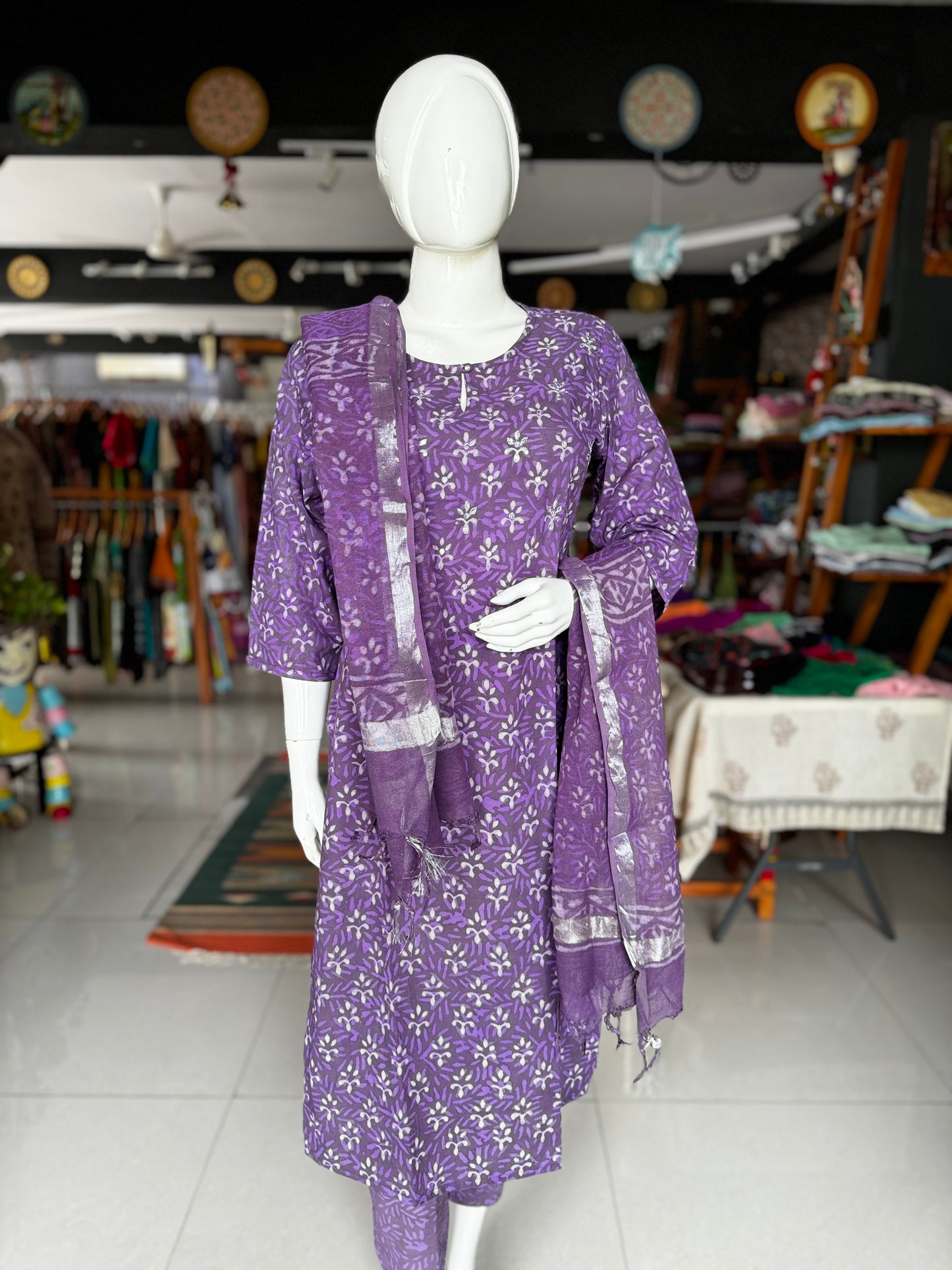 Violet hand block printed cotton straight kurti, pants and dupatta - 3 piece suit set