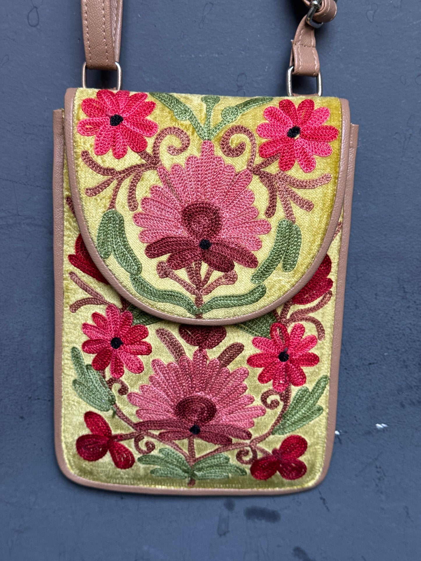 Mobile phone sling pouch - Kashmiri floral Aari embroidered with adjustable length strap and zippered back pocket - colors available