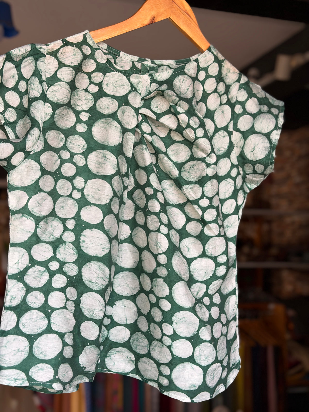 Green polka hand batik printed top