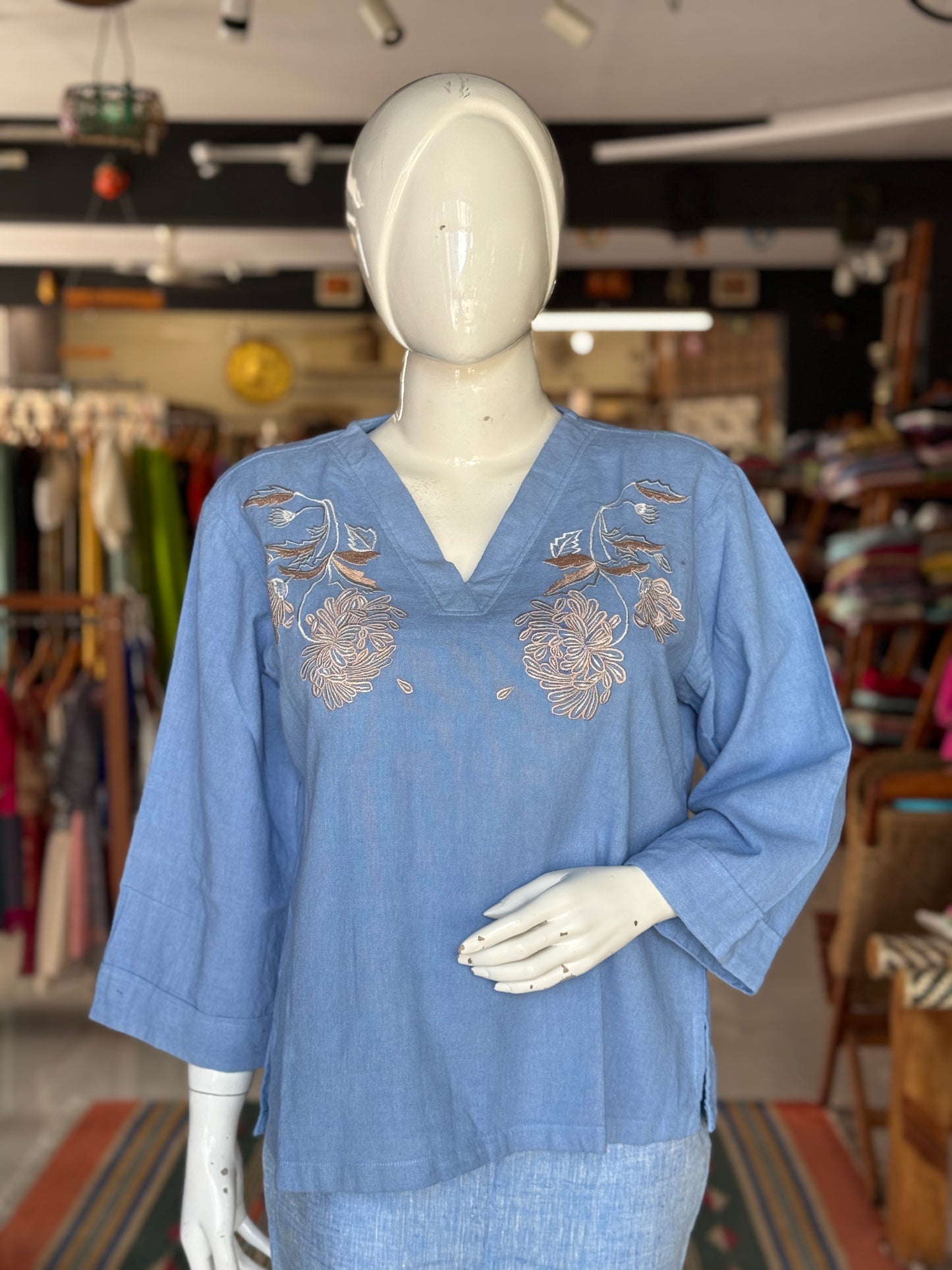 Pastel blue embroidered flex cotton top for women