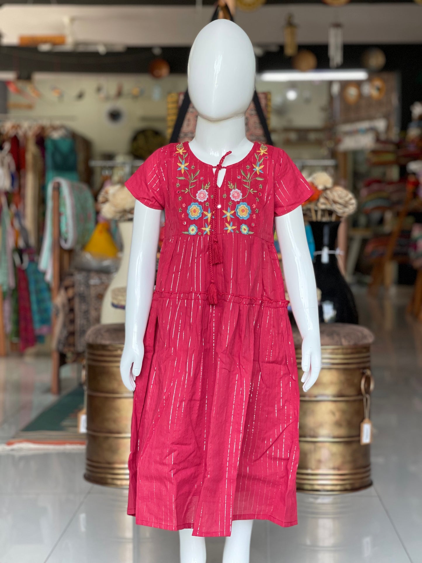 Red lurex stripes embroidered tiered cotton frock for girls