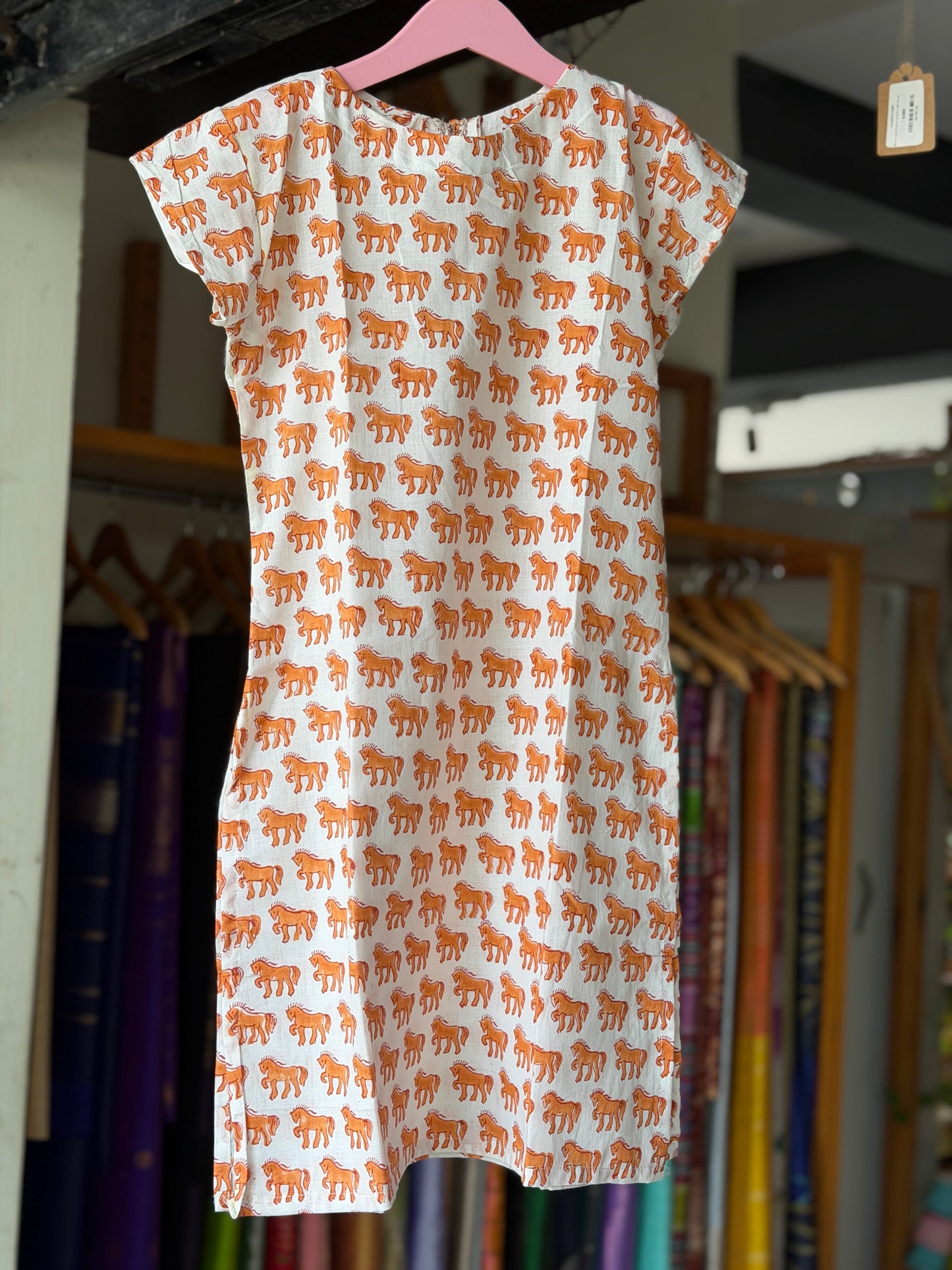White and orange horses print cotton straight cut Kurti for girls - hand block printed