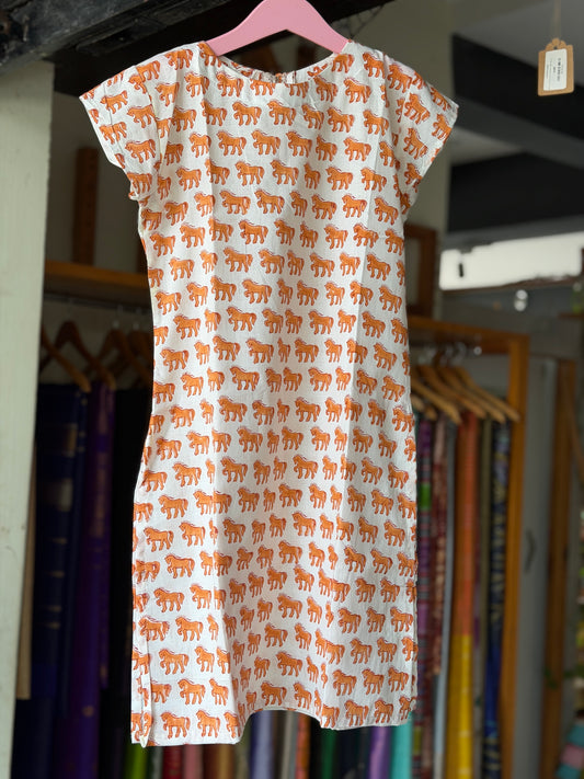 White and orange horses print cotton straight cut Kurti for girls - hand block printed